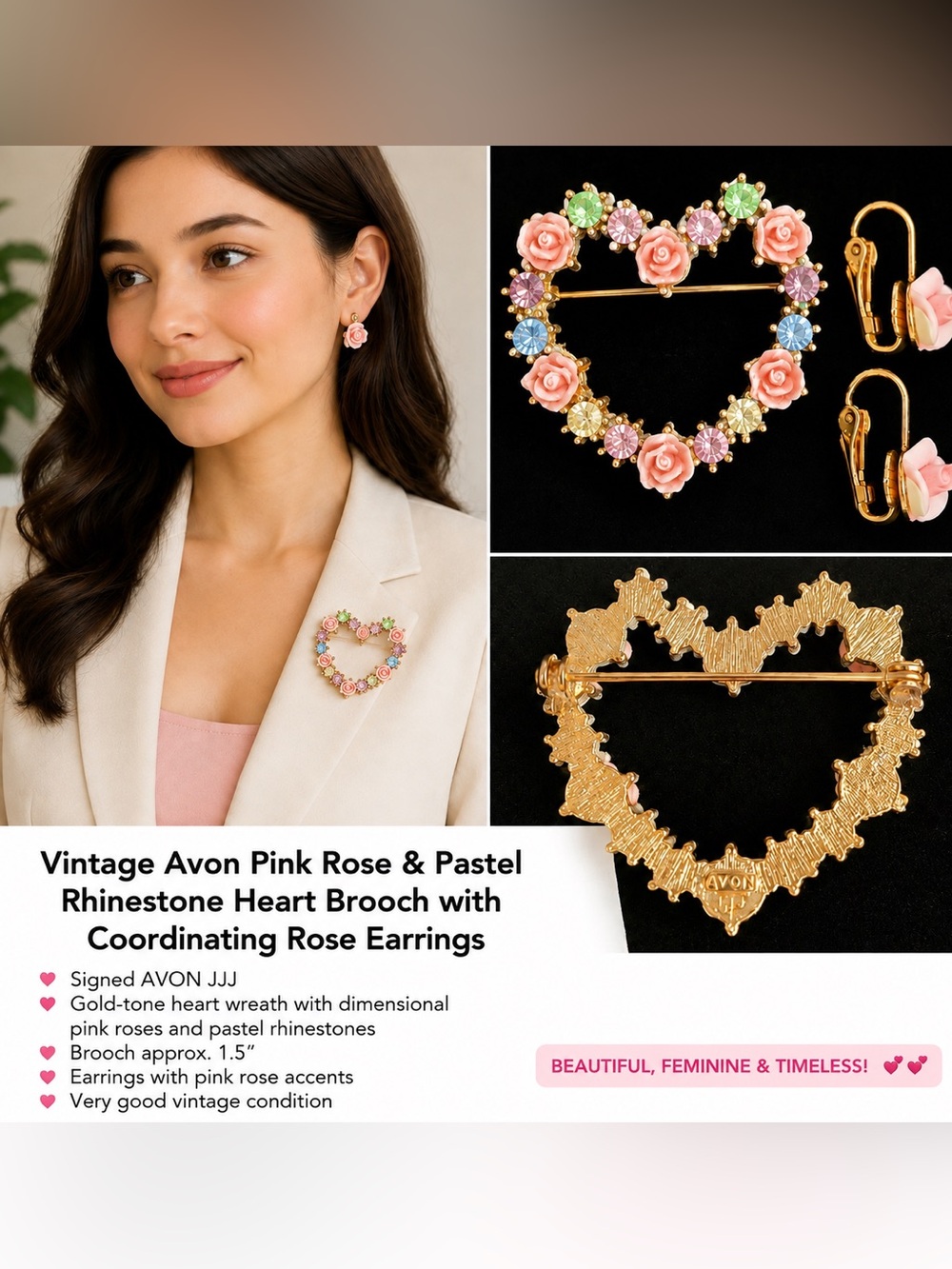 Vintage Avon Pink Rose & Pastel
Rhinestone Heart Brooch with Rose Earrings